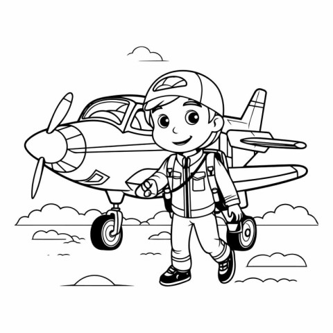 Cute little boy with airplane for coloring book.