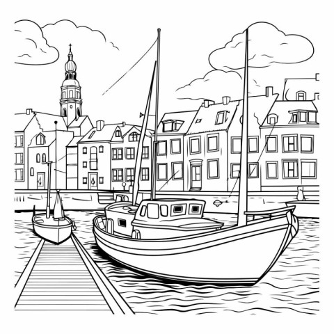 Copenhagen cityscape with boats. Hand drawn vector illustration.