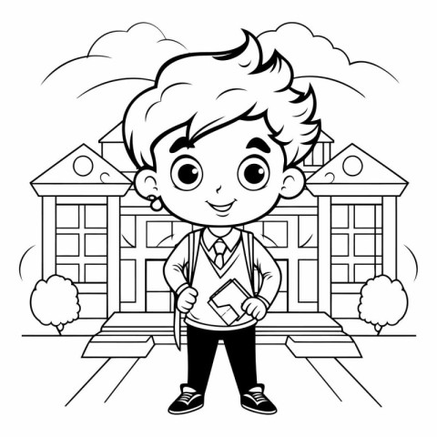 Black and White Cartoon Illustration of Kid Boy Student Characte