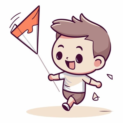 Cute boy flying a kite. Vector cartoon character illustration.