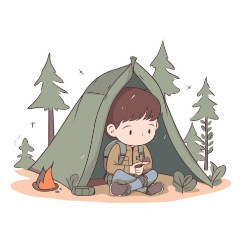 Little boy sitting in a camping tent and using smartphone