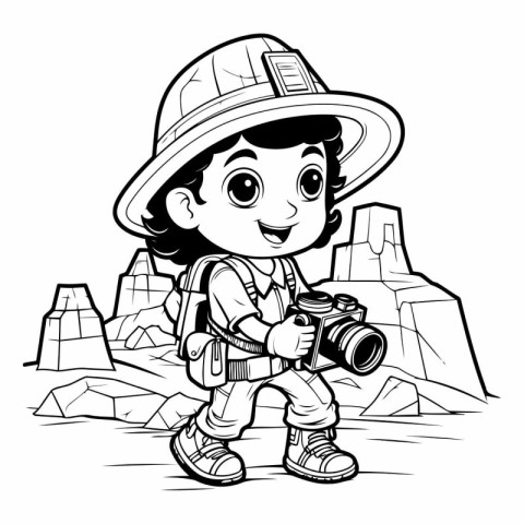 Cute explorer boy with camera - black and white vector illustrat