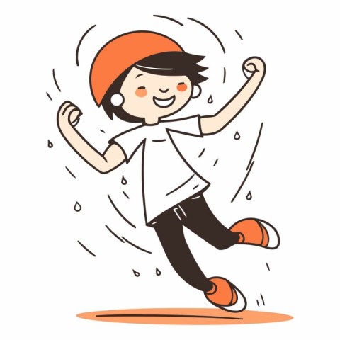 Cheerful boy jumping in the air in doodle style.