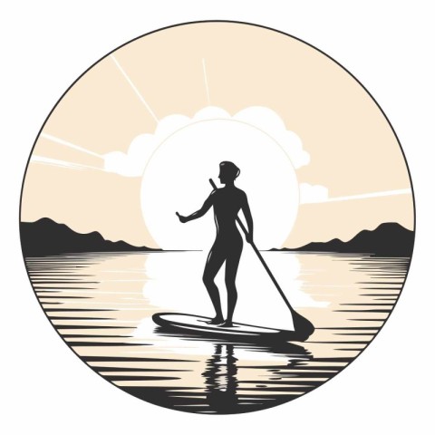 Silhouette of a woman on a stand up paddle board.