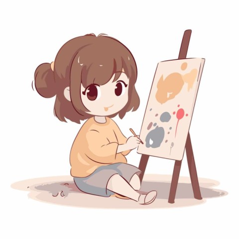 Illustration of a Cute Little Girl Painting on an Easel