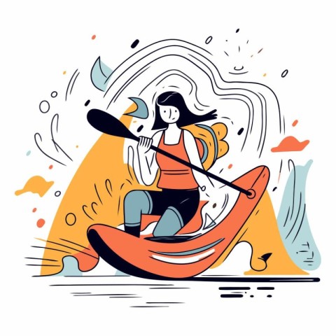 Vector illustration of a girl in a kayak on the sea.