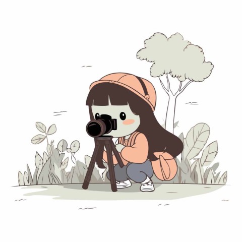 Illustration of a girl taking a photo with a camera in the park