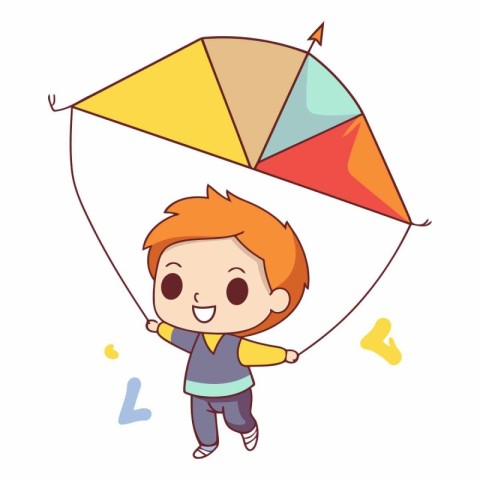 cute little boy playing with kite cartoon vector illustration gr