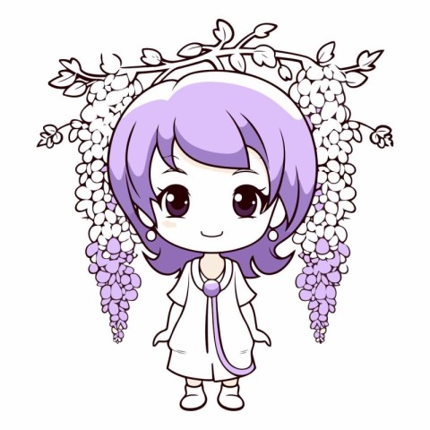 Cute cartoon girl with purple hair and wisteria flowers.