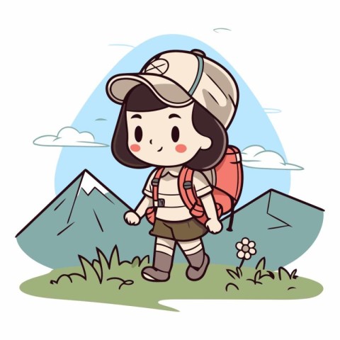 Illustration of a Kid Hiking with a Backpack and Mountains