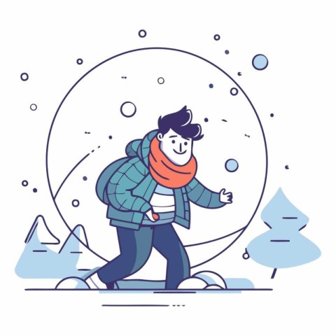 Man in winter clothes walking on ice in thin line style.