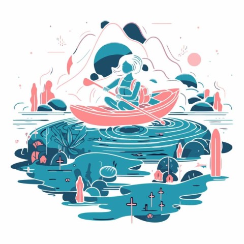 Vector illustration of a girl in a kayak on the lake.