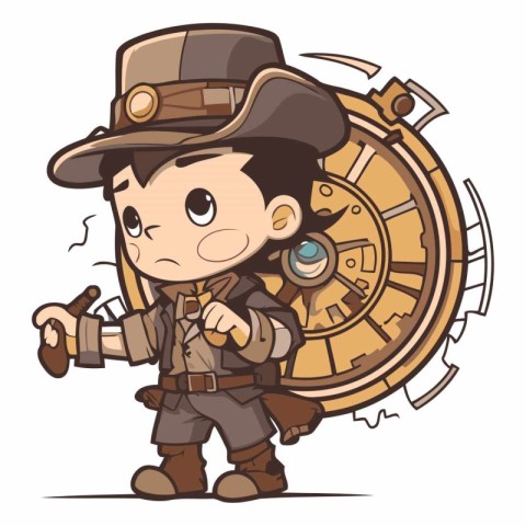 Cute Cartoon Cowboy with Steampunk Steampunk Ship Vector Illustr