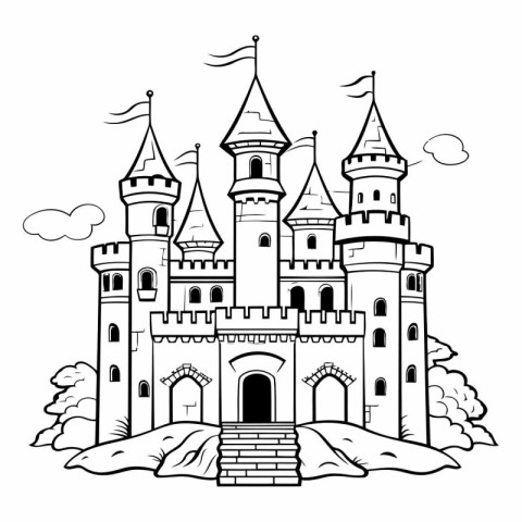 Castle. Fairy tale. Black and white vector illustration for colo