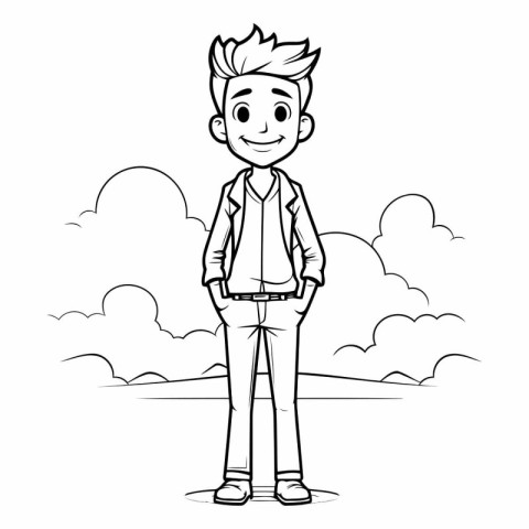 Young man cartoon in casual clothes on the background of clouds