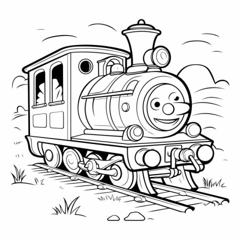 Black and White Cartoon Illustration of Funny Steam Train Charac