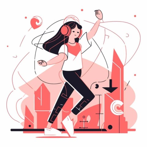 Woman dancing and listening to music in a flat style