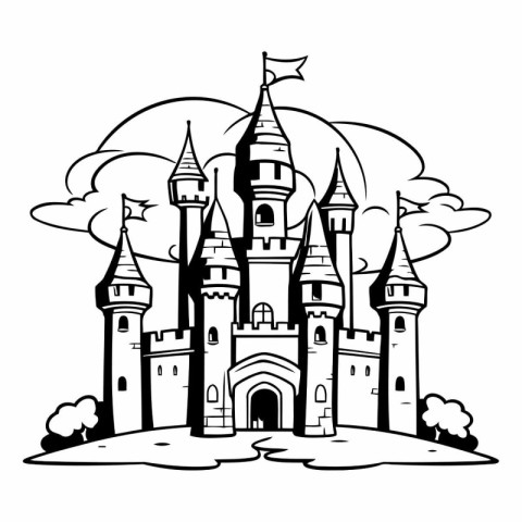 Fairy tale castle. Black and white vector illustration for color