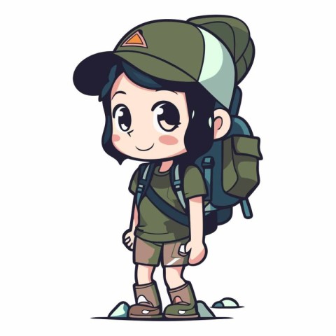 Cute boy scout with backpack in cartoon style.