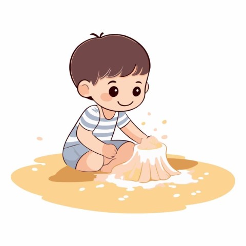 Cute little boy playing with sand on white background.