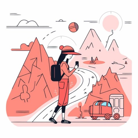 Vector illustration of a woman with a backpack on the background