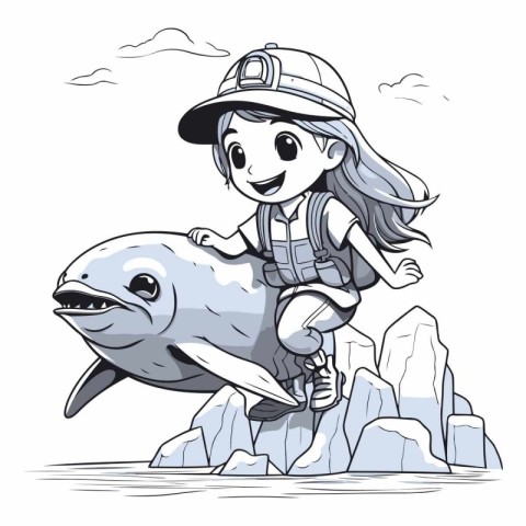 Illustration of a Little Girl and a Dolphin on the Rocks.