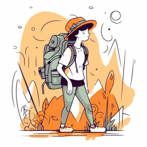 Vector illustration of a hiker in a hat with a backpack.