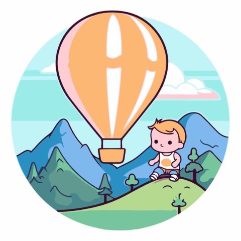 Vector illustration of a cute little boy riding a hot air balloo