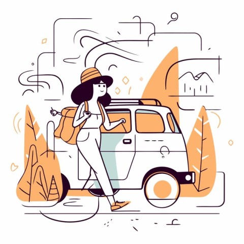 Vector illustration of woman with backpack and car on the road i