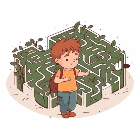 Vector illustration of a little boy in the labyrinth. Game for k