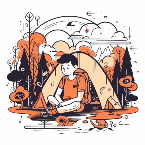 Vector hand drawn illustration of a young man sitting in a tent