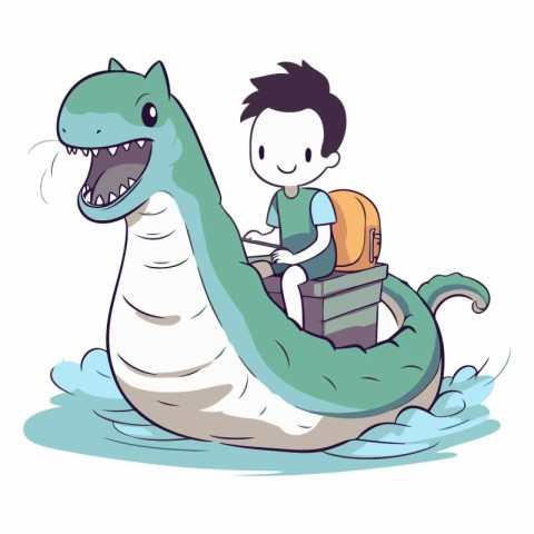 Illustration of a boy riding a dragon boat with a backpack.