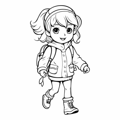 Cute little girl with backpack for coloring book.