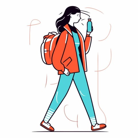 Vector illustration of a young woman with a backpack and a bottl