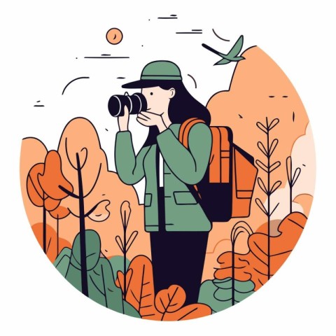 Tourist woman with backpack and binoculars.