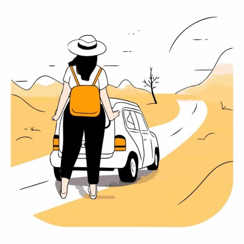 Vector illustration of a young woman traveling by car in the des