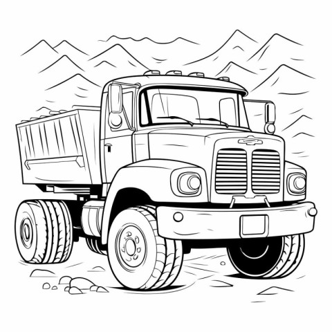 Black and white vector illustration of a dump truck on the road.