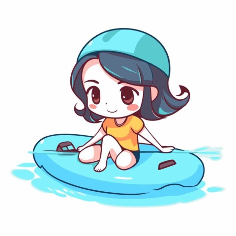 Cute little girl sitting on a surfboard.