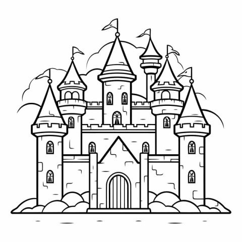 Fairytale castle. Black and white vector illustration for colori