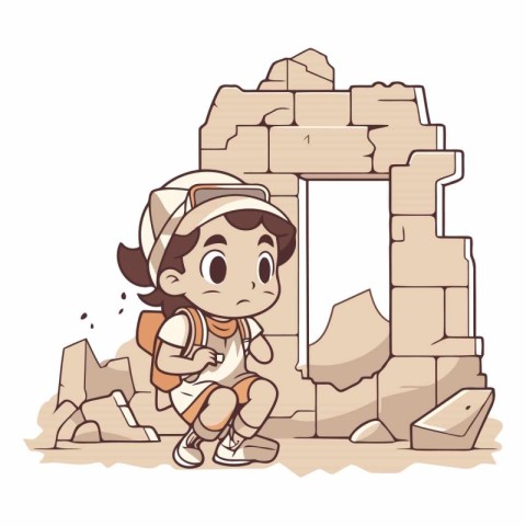 Cute boy in the ruins of an ancient temple