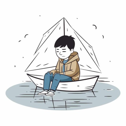 Man sitting on a boat in hand drawn style.