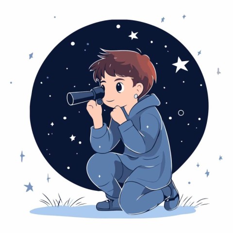 Boy looking through binoculars in cartoon style.