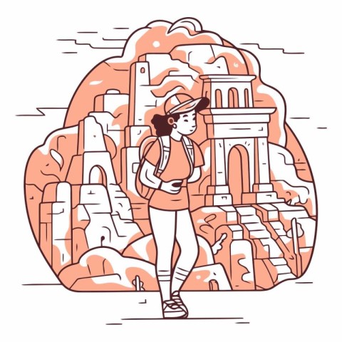 Tourist girl in Rome. Italy in linear style