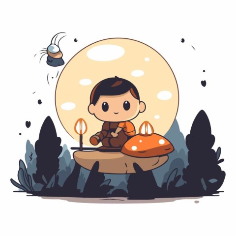 Boy sitting on a mushroom and holding a candle.