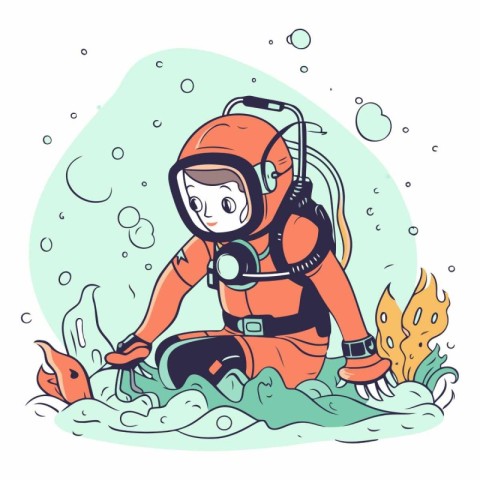 Cute cartoon scuba diver on the sea.