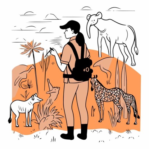 Vector illustration of a tourist with a backpack in the savannah