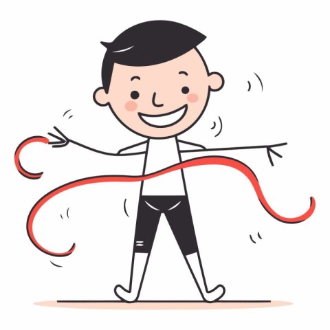 Happy boy running with red ribbon in cartoon style.