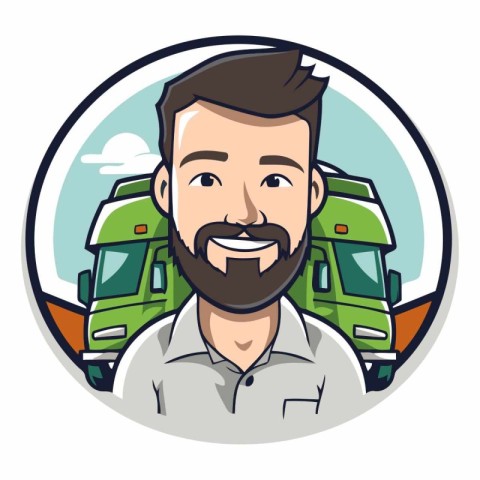 Man with beard and camper van in round icon vector illustration