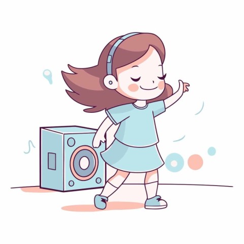 Cute little girl playing with a big speaker.