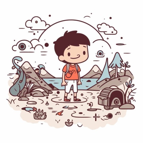 Vector illustration of a cute little boy standing in front of th